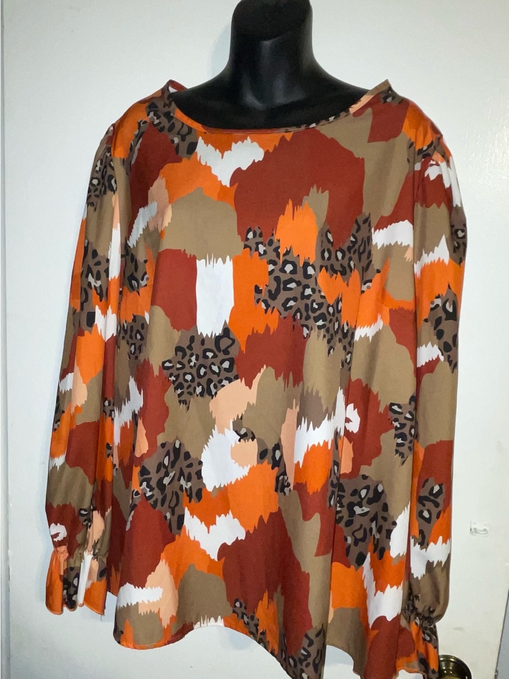 Women’s Abstract Leopard Print Blouse in Rust Orange and Tan